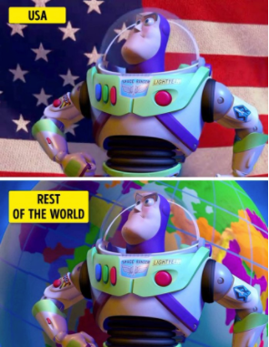 Buzz Lightyear in front of the US flag or a globe