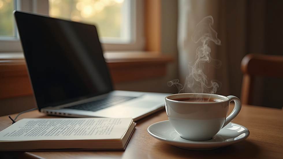 Eye-level view of a cozy reading nook with a laptop and a steaming cup of coffee
