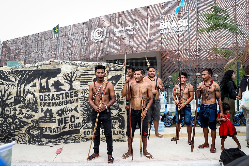 Indigenous protesters outside the COP30 venue. Photo credit: Aline Soterroni.