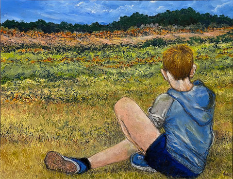 young boy sitting in the grass facing away from the viewer, based off the Andrew Wyeth painting "Christina's World"