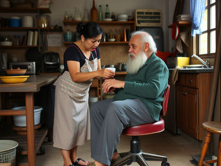Trabajadora sin  contrato atendiendo a anciano en su hogar de irun