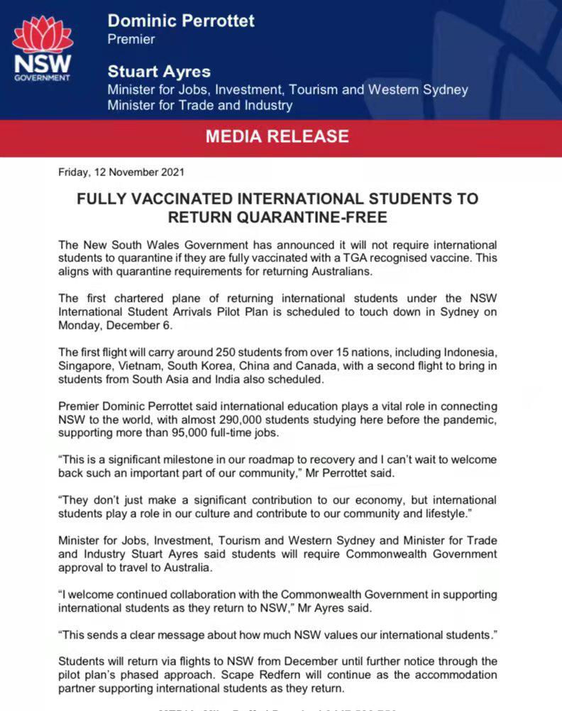 NSW announced No quarantine fully vaccinated students