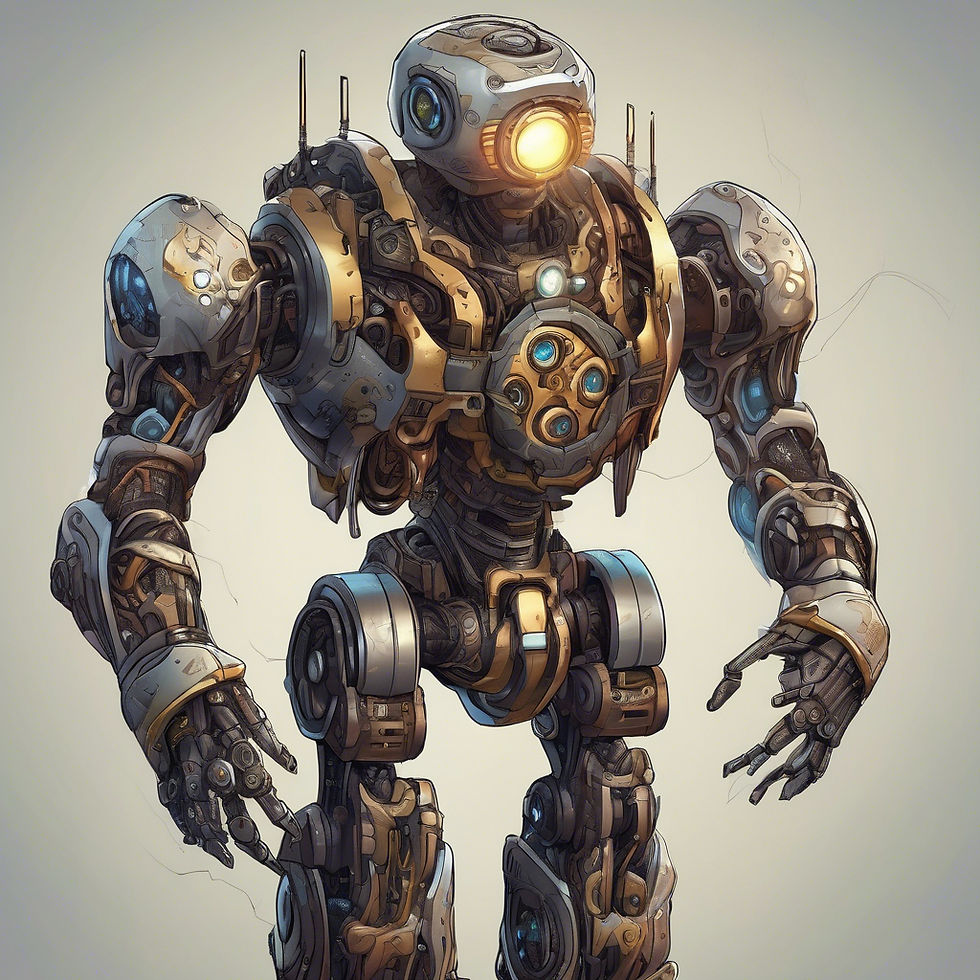 Futuristic robot with glowing lights stands against a neutral background. Complex gears and metallic armor give a sci-fi, mechanical vibe.