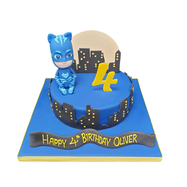 Bespoke PJ Masks Cat Boy celebration cake with blue fondant and character topper in Solihull, West Midlands.