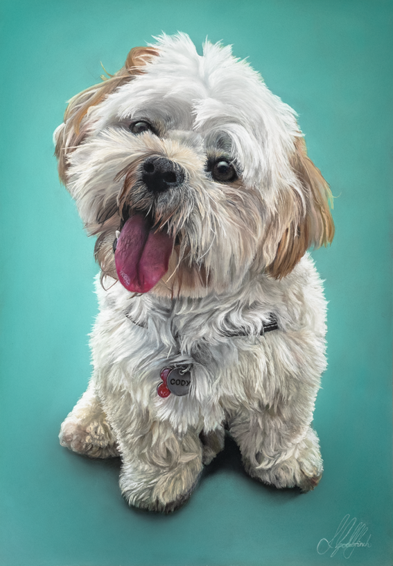 Stunning hyperreal pastel pet portrait of maltipoo on sage background by Luke Goldfinch