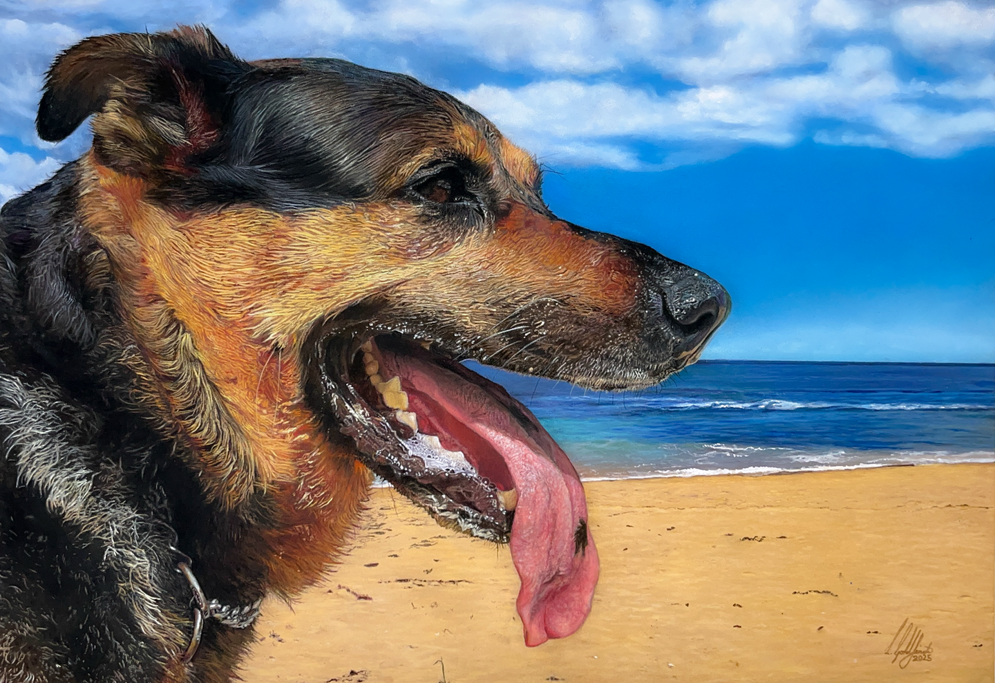 A highly realistic pastel side profile portrait of Aussie the Rottweiler x German Shepherd on the sand of a sunny beach.