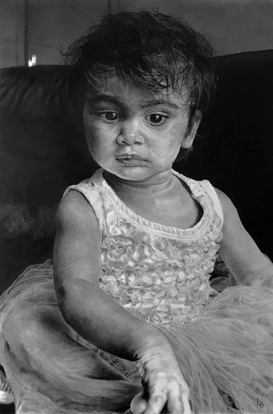 Hyperrealism Graphite portrait drawing of Indian girl, toddler in a tutu by Luke Goldfinch