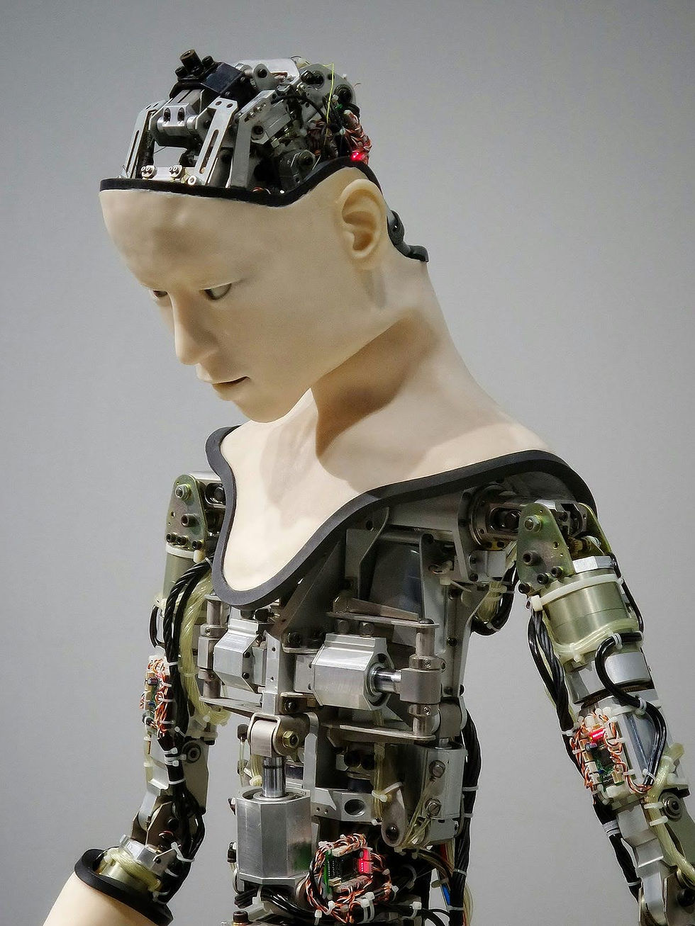 Suspicious looking robot with a fake human face over metal parts.