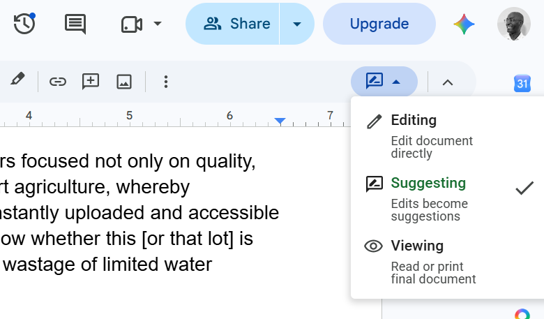Screenshot of Google Docs editing options