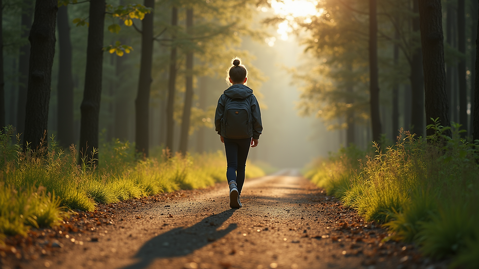 Close-up view of a student walking mindfully on a forest path