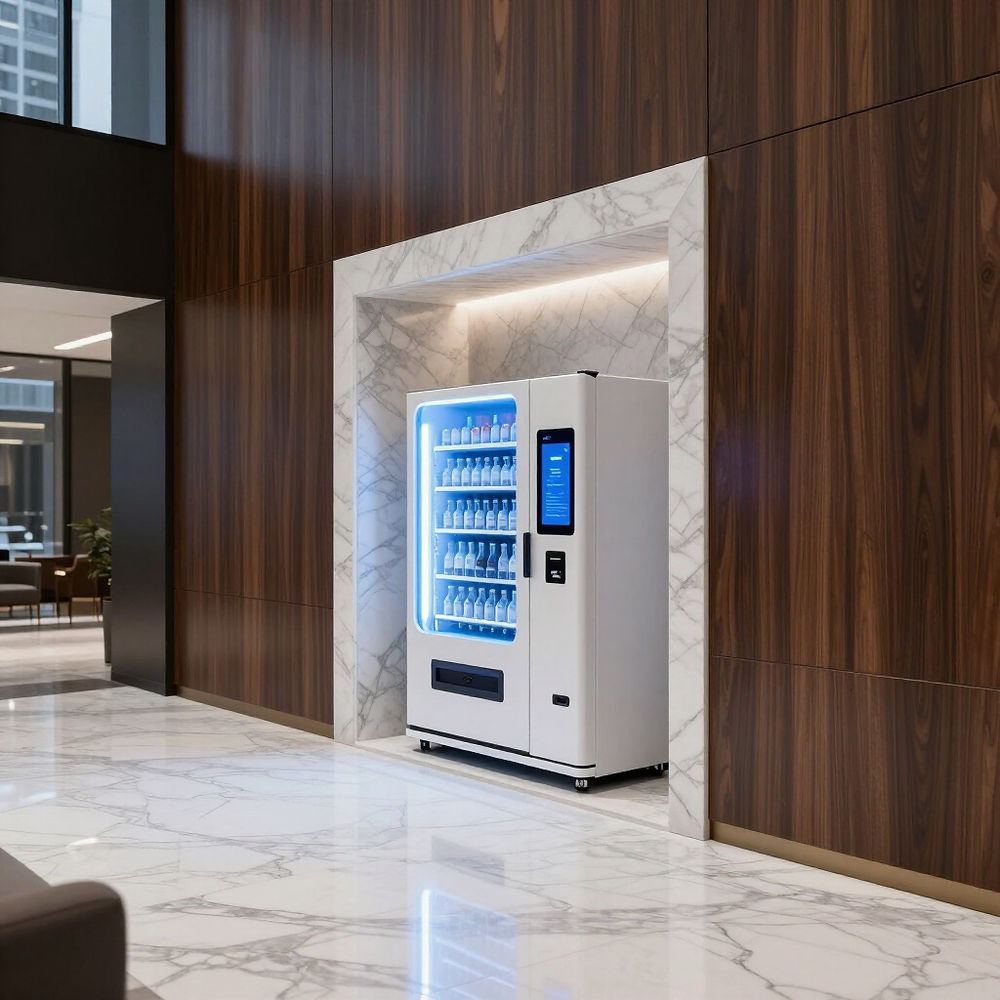 Smart vending machine in modern building lobby