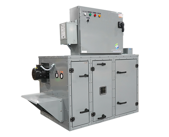 Innovative Air Technologies rotor series commercial desiccant dehumidifier used for applications such as military storage, pharmaceutical production and ice skating rinks.