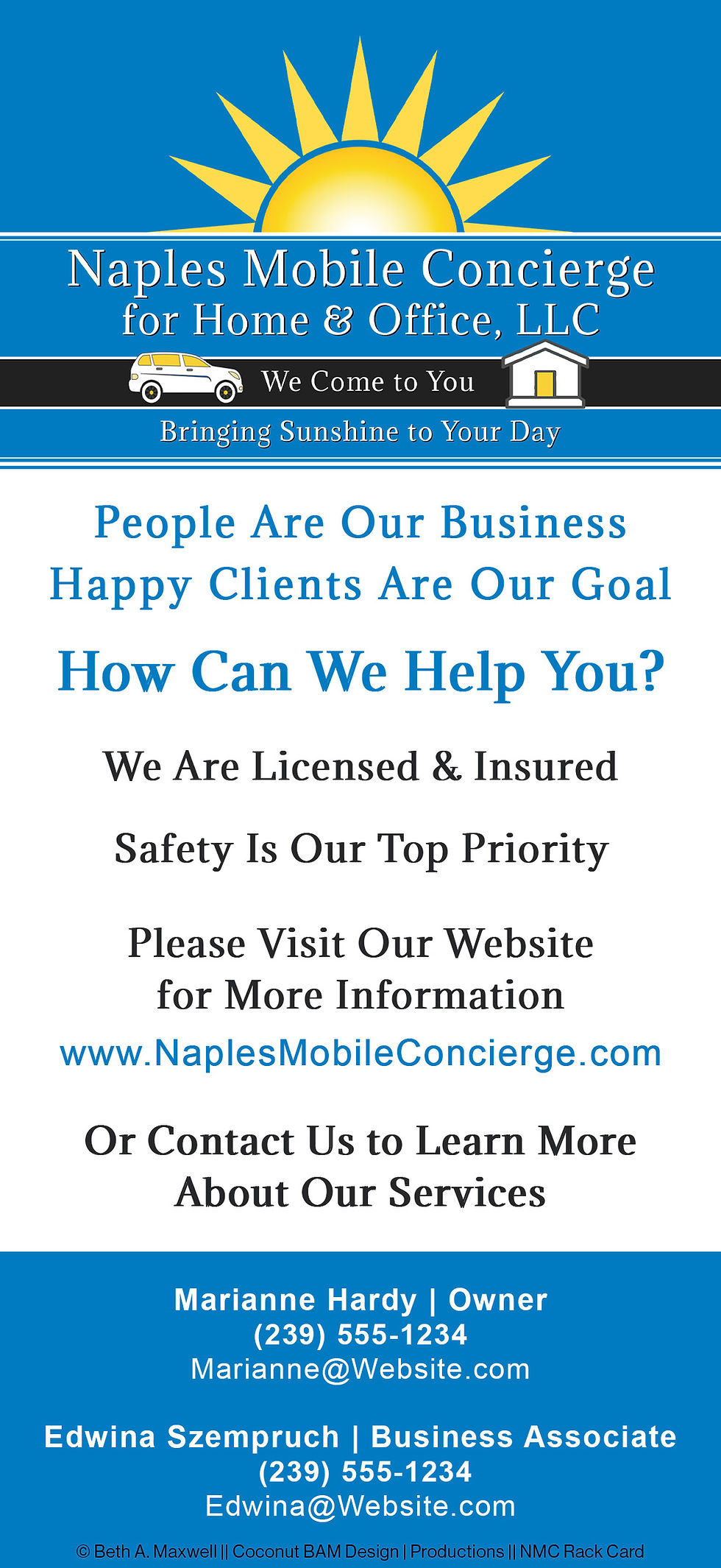 Naples Mobile Concierge services rack card front: People Are Our Business, Happy Clients Are Our Goal, How Can We Help You?