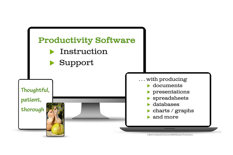 Thoughtful, patient, thorough – Productivity Software Instruction and Support with producing documents, presentations, and more.