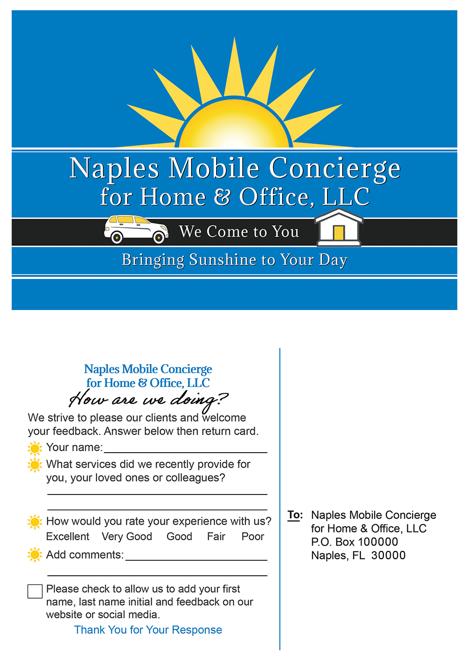 Naples Mobile Concierge logo on front of smaller postcard with “How are we doing?” questions on back sent with large card.