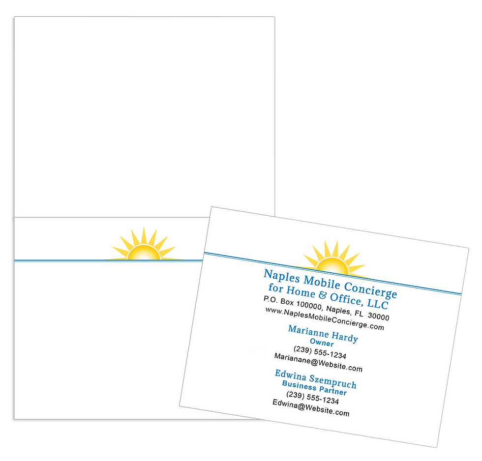 Naples Mobile Concierge note card display: Blank inside with sun, and back panel with sun and contact information.
