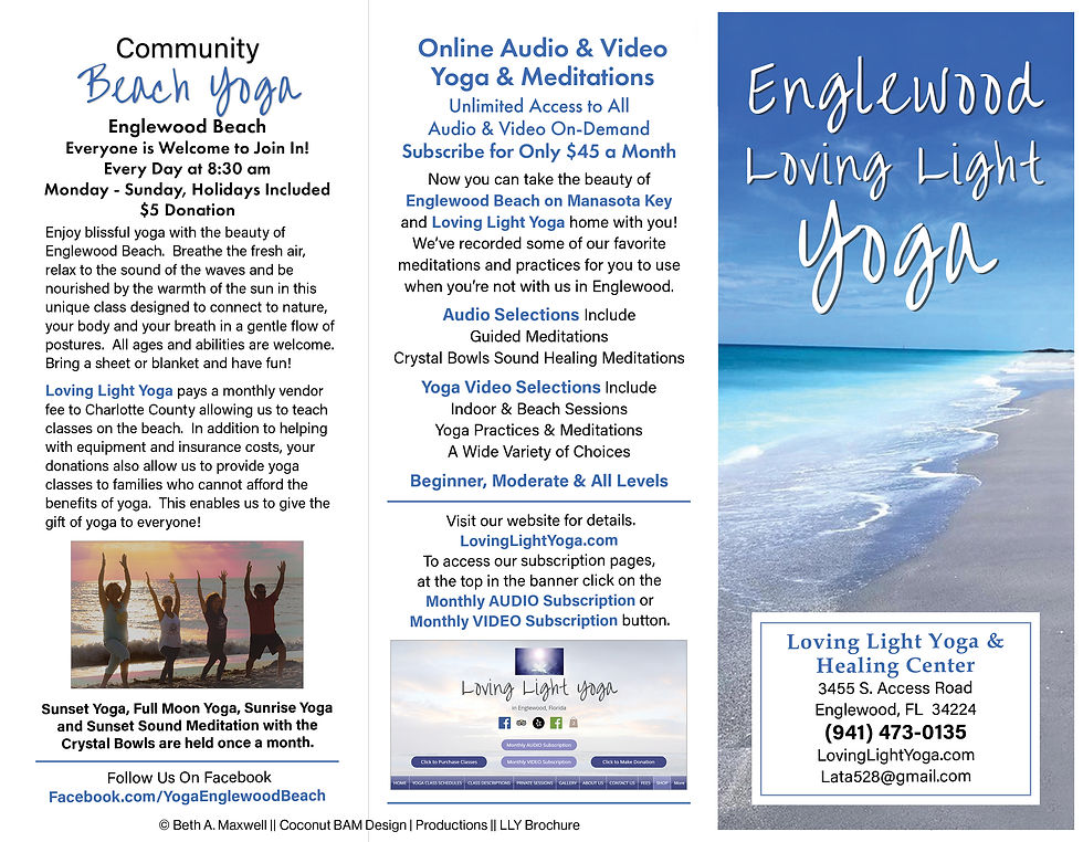 An Adobe InDesign trifold brochure, front: Englewood Loving Light Yoga & Healing Center services and contact information.