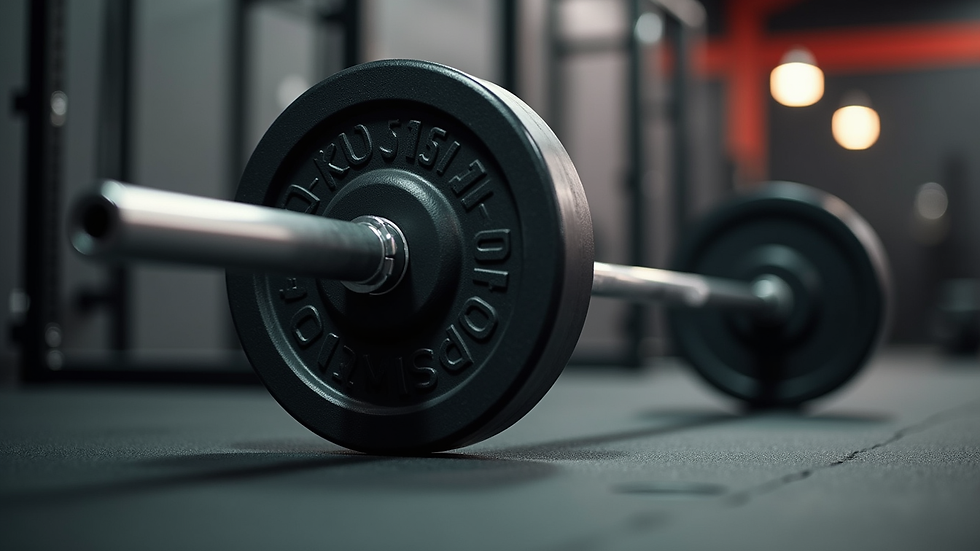 Close-up view of a barbell with weights in a CrossFit gym
