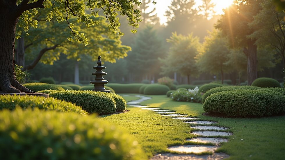 Wide angle view of a peaceful garden for meditation