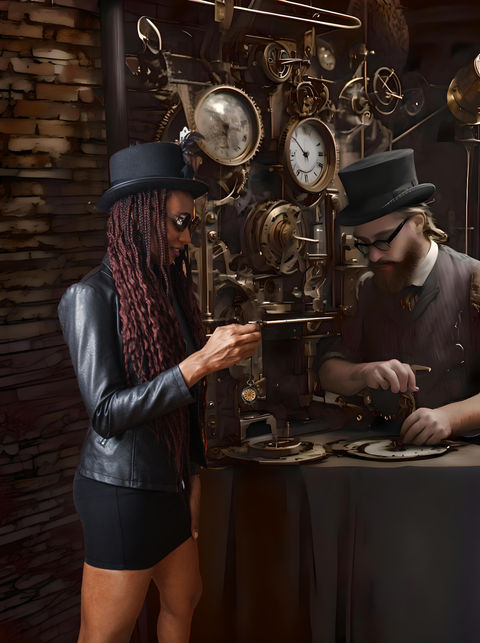 Frau und Mann in Steampunk-Outfits interagieren vor komplexen Geräten.
