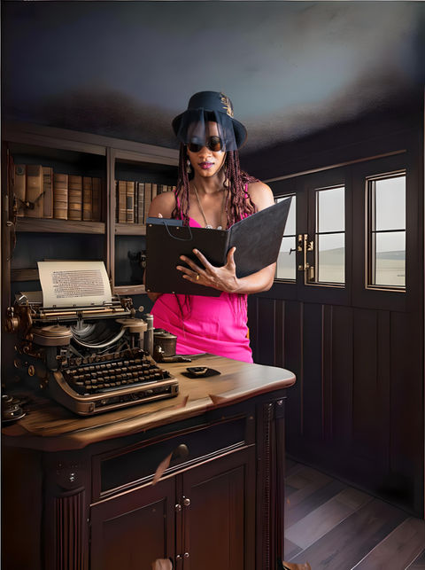 Frau liest Buch am Schreibtisch mit Vintage-Schreibmaschine im Arbeitszimmer.