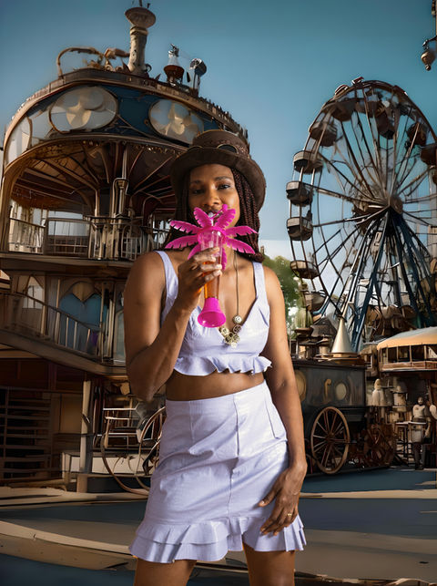 Junge Frau hält pinke Federblume vor Steampunk-Jahrmarkt und Riesenrad.
