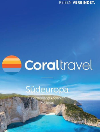 Coral Travel Logo Südeuropa: Griechenland, Spanien, Portugal vor mediterraner Küste.