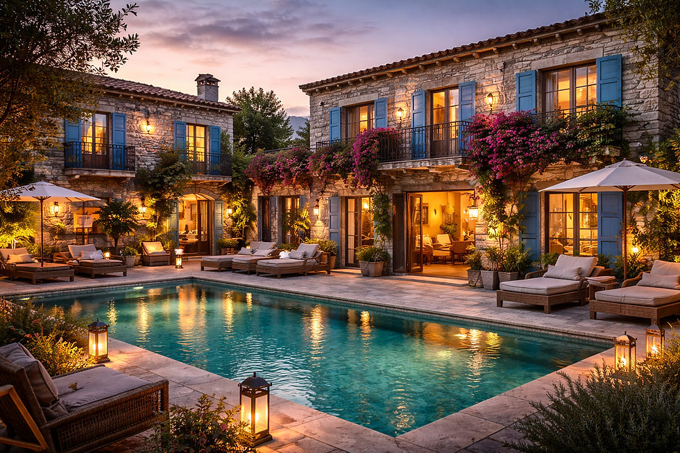 Modern boutique hotel architecture in harmony with nature, using natural materials.