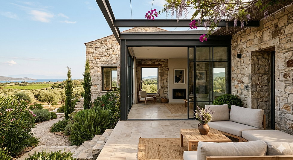 Gülpınar Mimarlık - Ege bölgesi için modern köy evi tasarımı; taş mimari, minimalist dış mekan mobilyaları, zeytin ağaçları ve begonvillerle çevrili şık bir veranda.