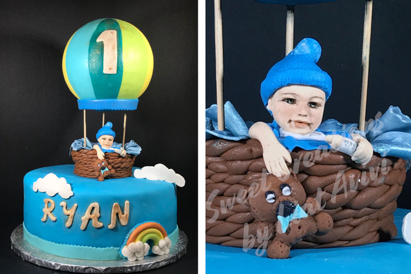 hot air balloon 1st birthday cake baby boy with fondant balloon topper clouds rainbow and name cake design