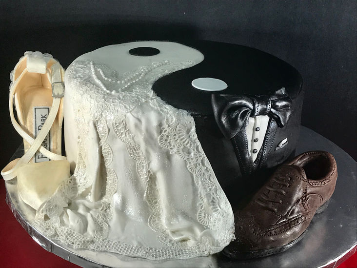 yin yang wedding cake bride groom tuxedo dress cake with fondant shoes elegant design