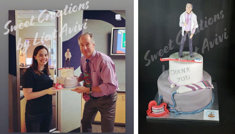 Dr. Marcell holding a custom orthodontist thank you cake with a fondant figurine and dental decorations.