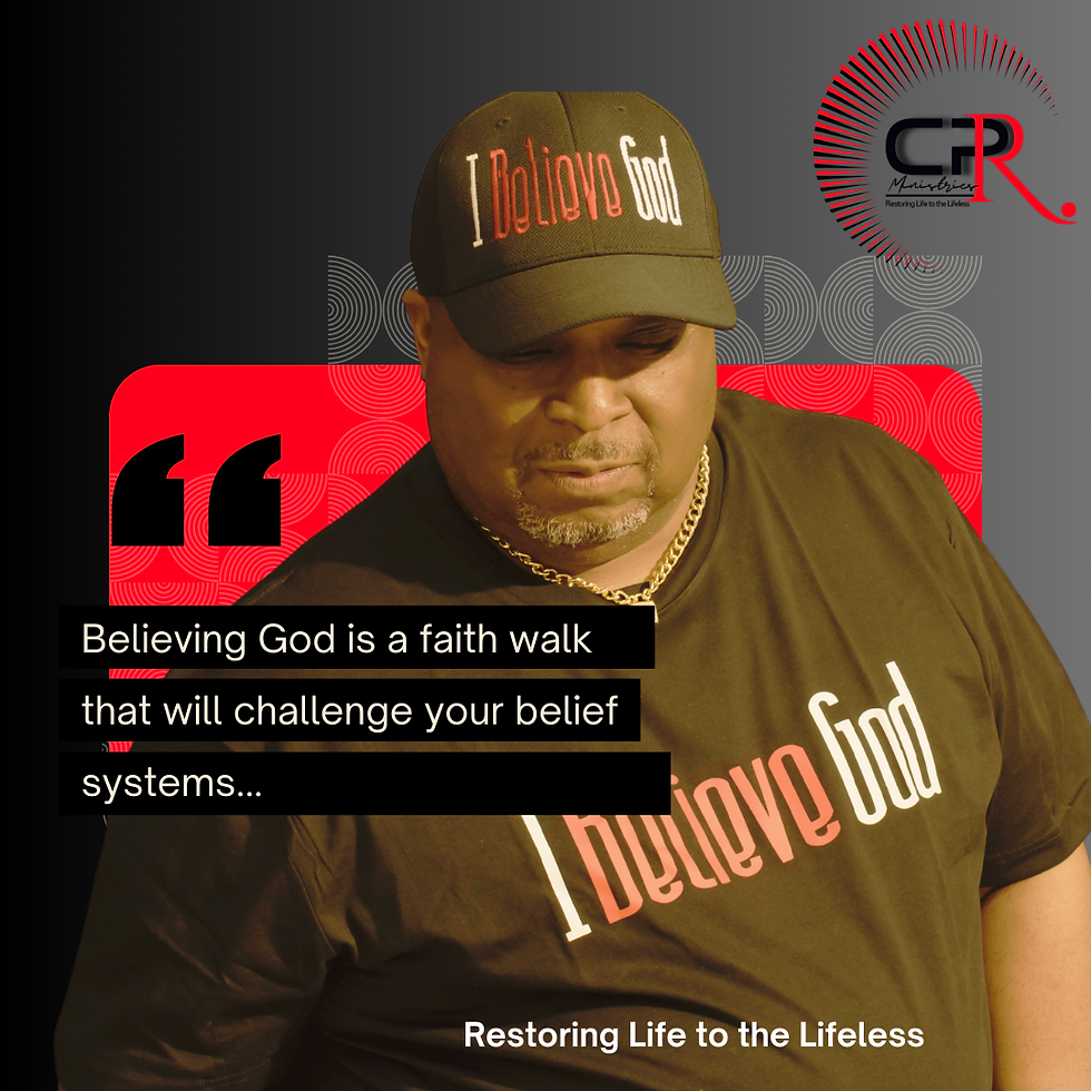 Quote graphic featuring Bishop Paul Rhinehart wearing an I Believe God hat and shirt with the quote 