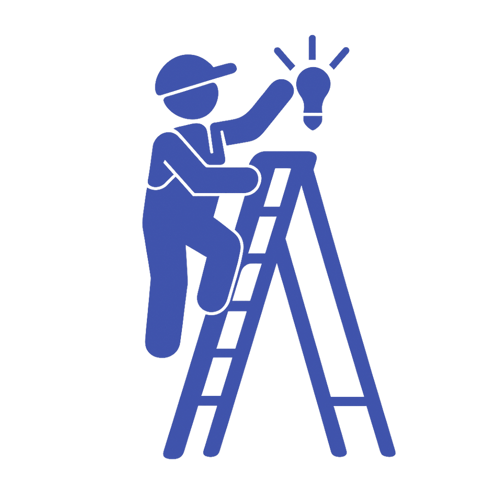 Person on ladder reaching for light bulb