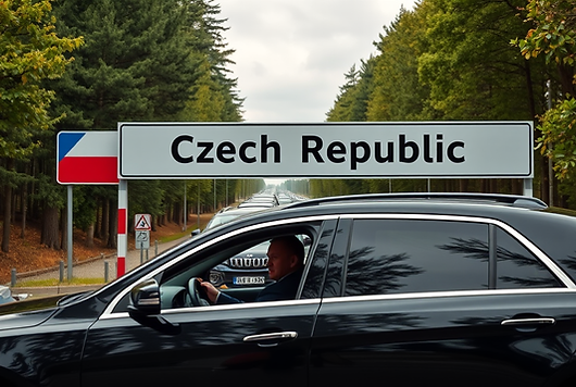 Ein dunkles Auto an der Grenze zu Tschechien mit Nationalfarben (rot-weiß-blau).png