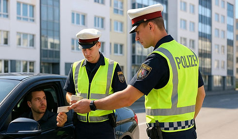Polizei dokumenten_kontrolle:Zwei Polizisten in Warnwesten unterhalten sich mit einem Autofahrer. Einer der Beamten scheint dem Fahrer etwas zu überreichen, möglicherweise Dokumente oder einen Strafzettel...