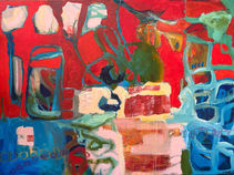 abstract garden setting at sunrise with a bird