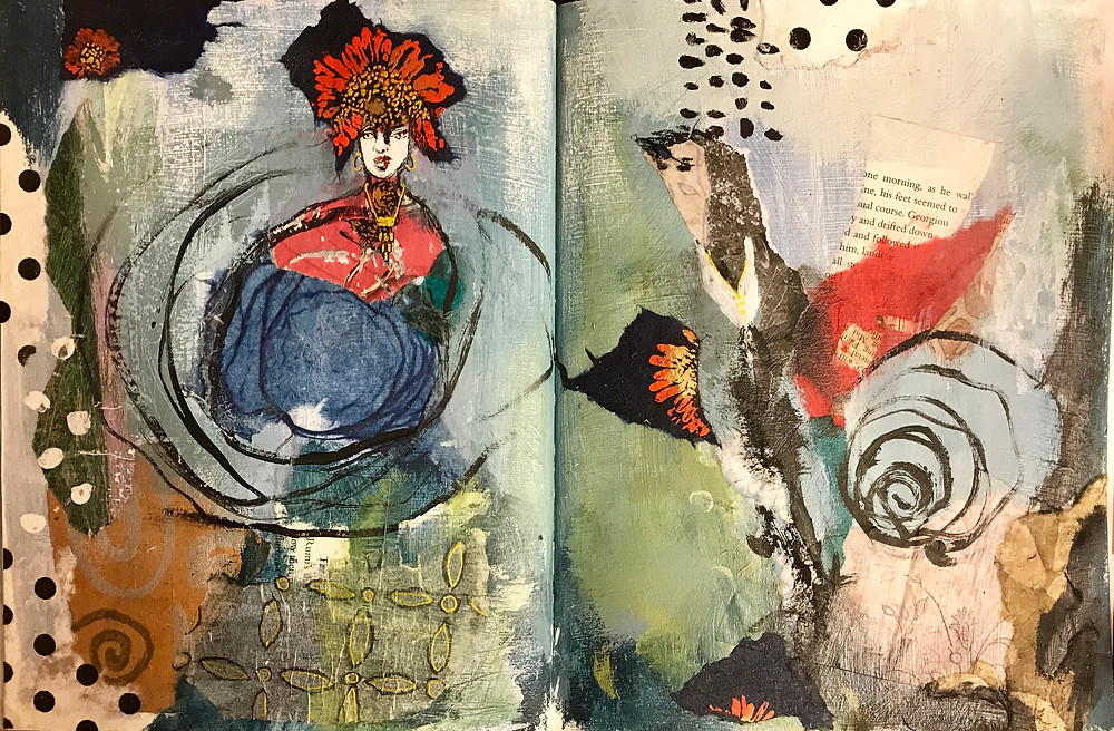 My finished art journal spread from May 2018 workshop.