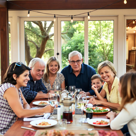 A parent supports their neurodiverse child during a family holiday gathering, offering comfort, structure, and calm in a busy environment.