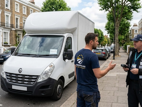 Europacar mover talking to the council guy about the parking permit in a road in central London.