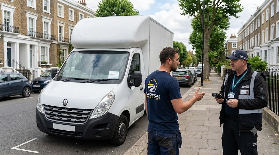 Europacar mover talking to the council guy about the parking permit in a road in central London.