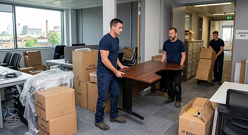 Three professional office movers wearing unbranded dark blue t-shirts and cargo trousers carefully transport a large wooden office desk and stacked relocation boxes through a commercial workplace corridor during a corporate office move.