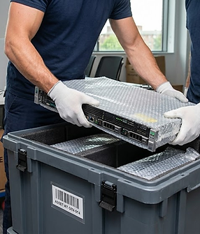 Two commercial movers wearing protective white gloves carefully lower a server unit wrapped in protective bubble wrap into a heavy-duty, barcode-labeled plastic transit crate during a secure office IT infrastructure relocation.