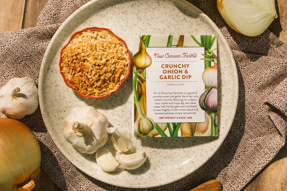 a white plate with garlic and a cookbook for crunchy onion and garlic dip.