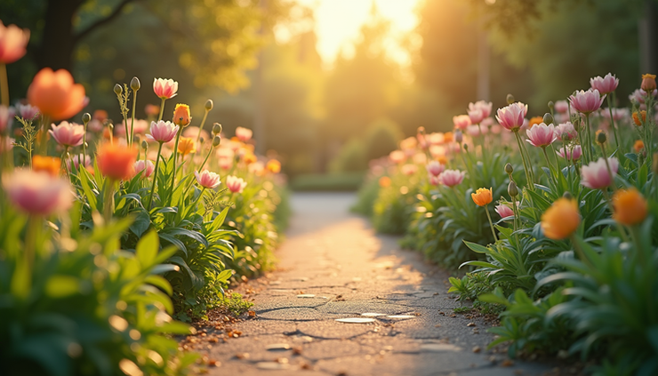 Eye-level view of a sunlit garden path lined with blooming flowers and lush greenery