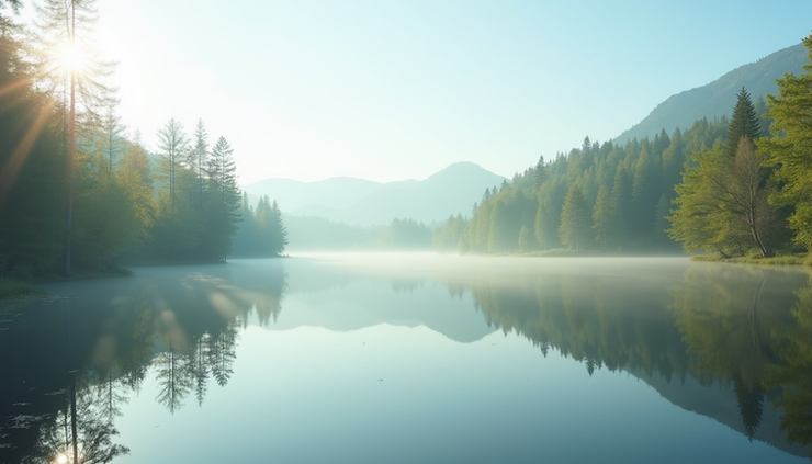 Close-up view of a calm lake reflecting summer trees under a clear sky