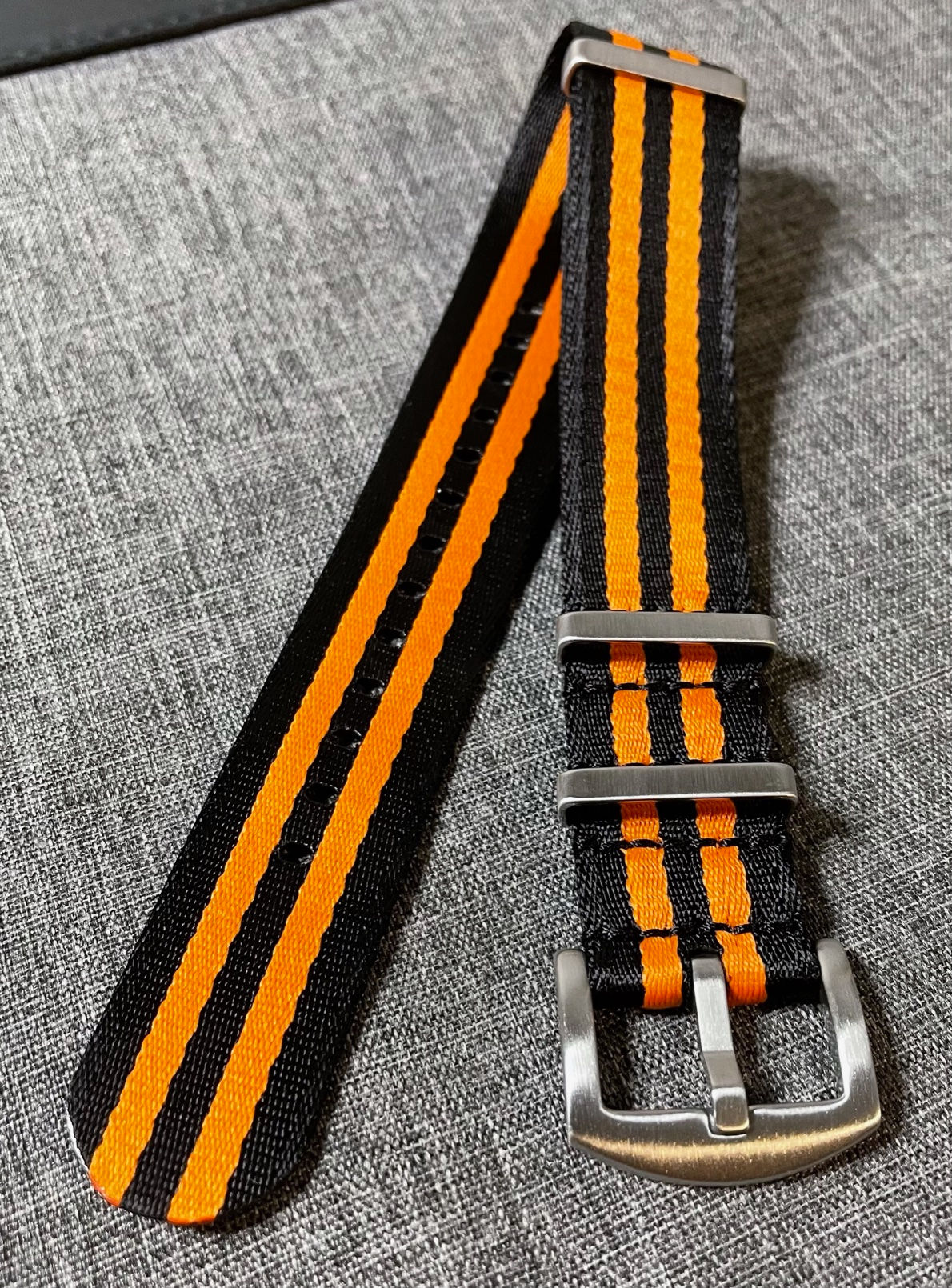 Premium Seatbelt Nylon Strap - Black / Orange Stripes