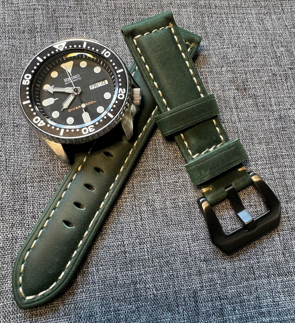 Thumbnail: Full Grain Vegetable Tanned Leather Watch Strap / PVD Steel / Green / 20mm/22mm