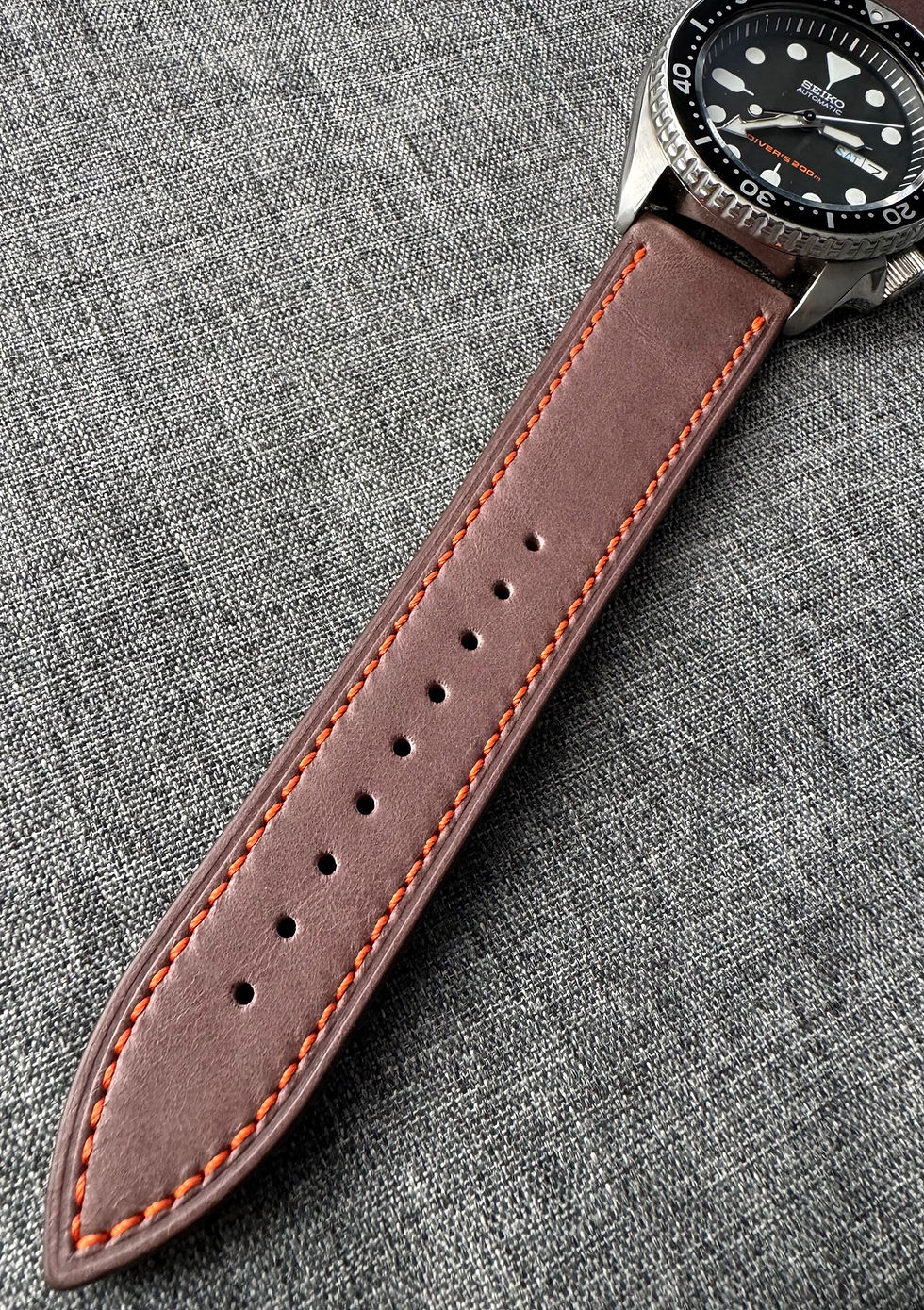 Thumbnail: Superior top grain Italian leather watch strap / Grey Brown Orange Stitch
