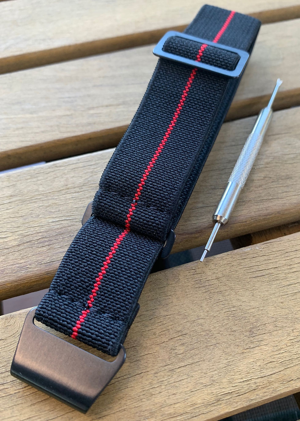 Thumbnail: Marine Nationale (MN) Nylon Strap - Black / Red Stripe -PVD Steel